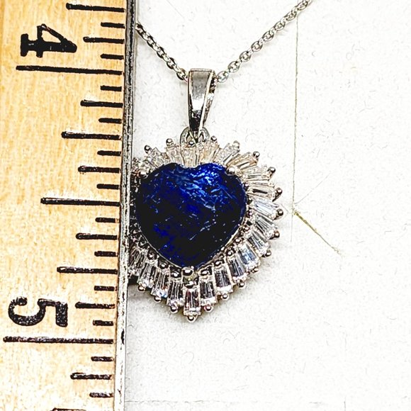 Kashmir Kyanite & Moissanite heart halo pendant 20 inch in Plat over SS 5.35 cts - Picture 3 of 5